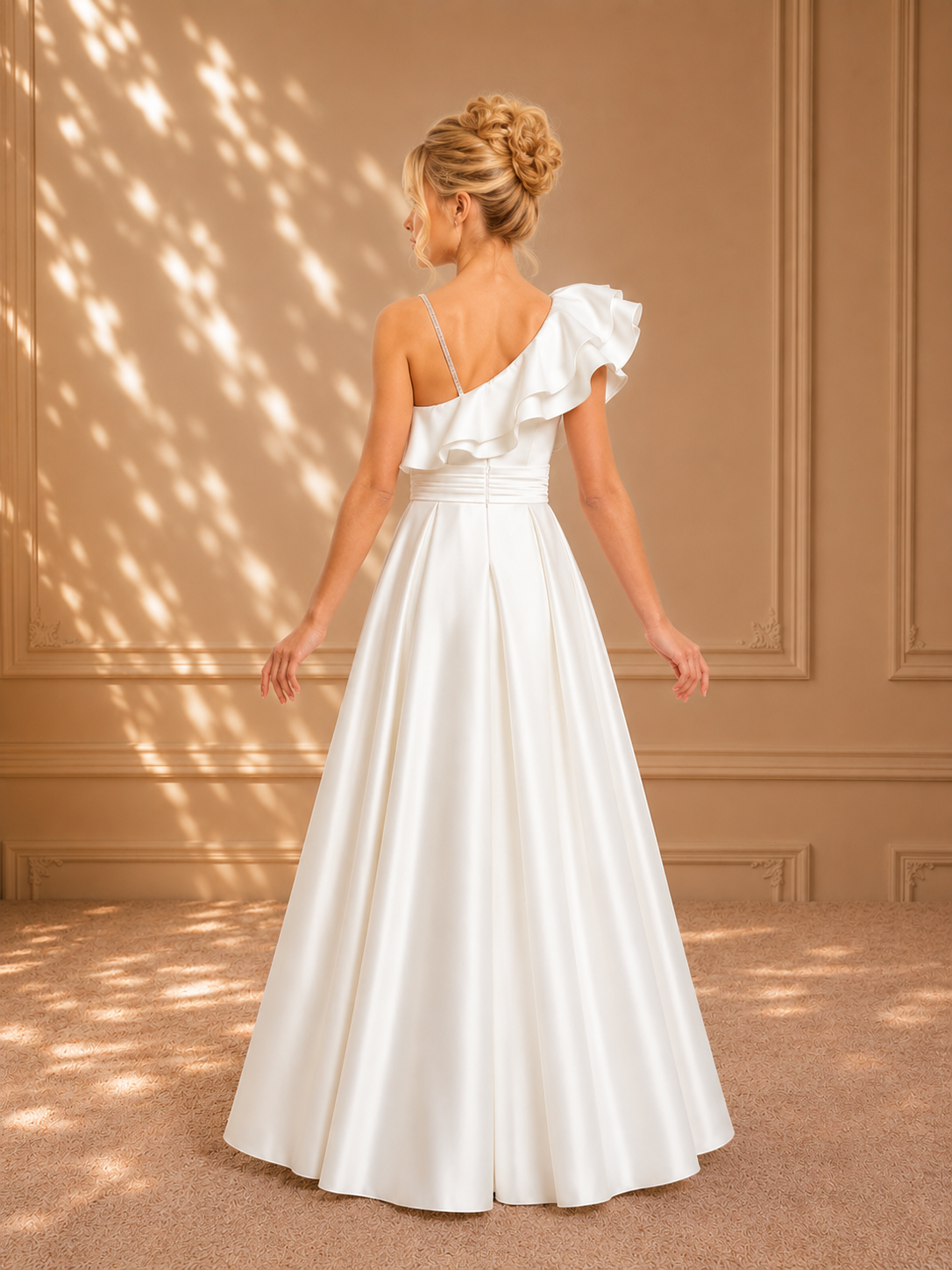 Ivory Ruffle One-Shoulder Satin Gown 7113 - back