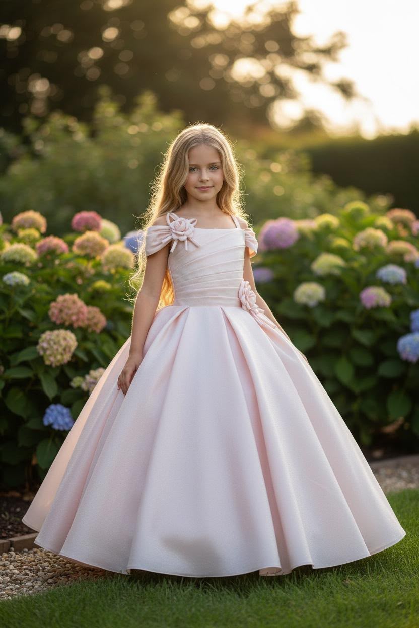 Blush Pink Rosette Satin Gown 801 Pink