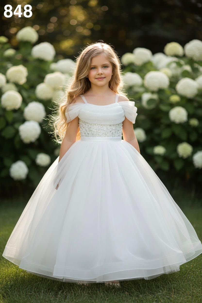 Ivory Beaded Bodice Tulle Gown 848 White