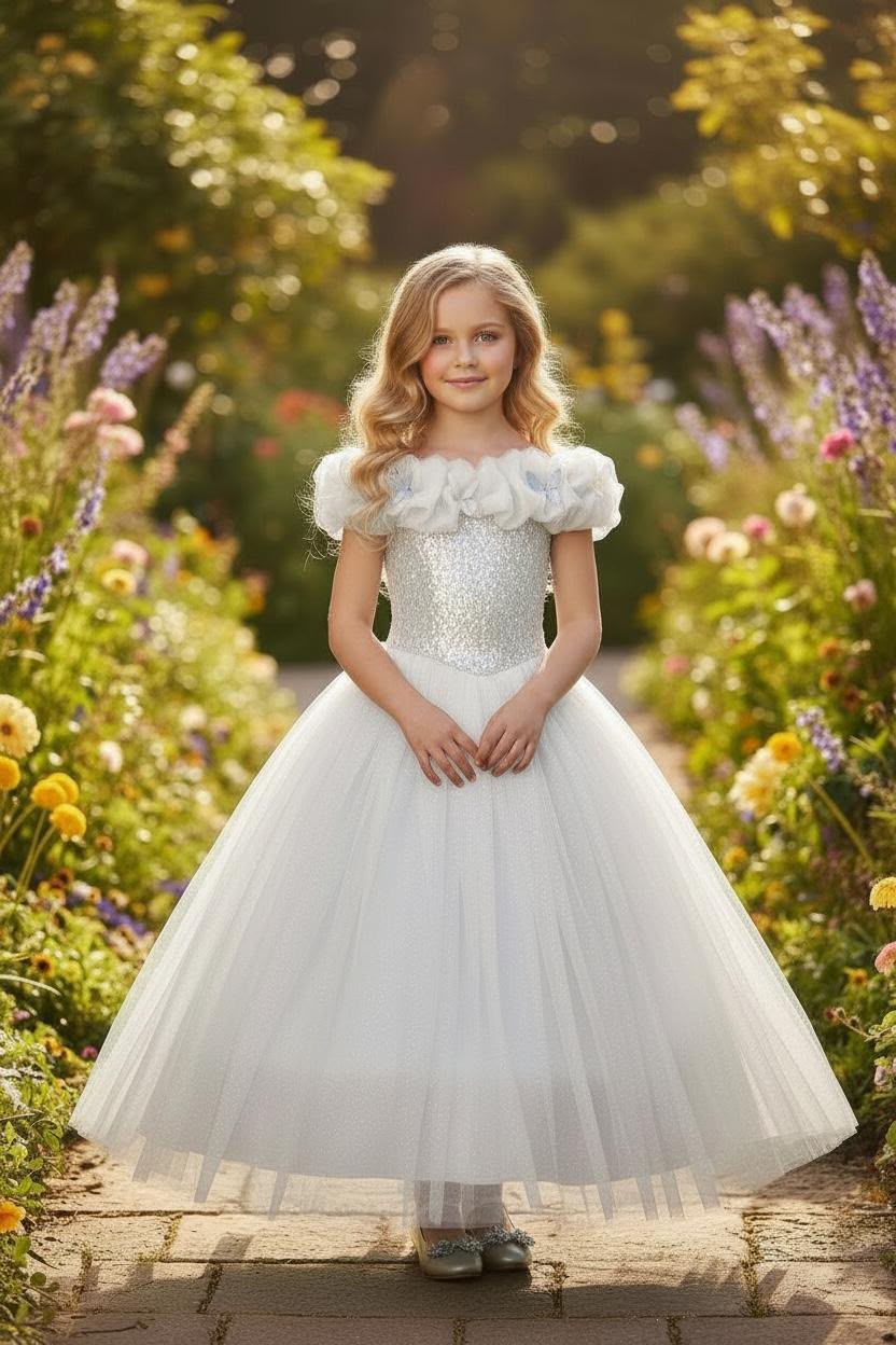 Ivory Sequin Butterfly Tulle Gown 856 White