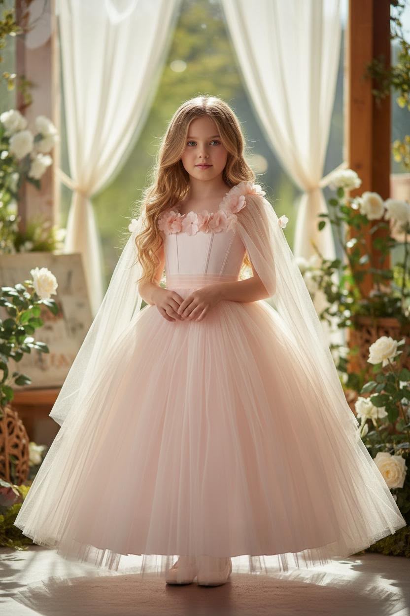 Blush Pink Rosette Cape Ball Gown 876 Pink