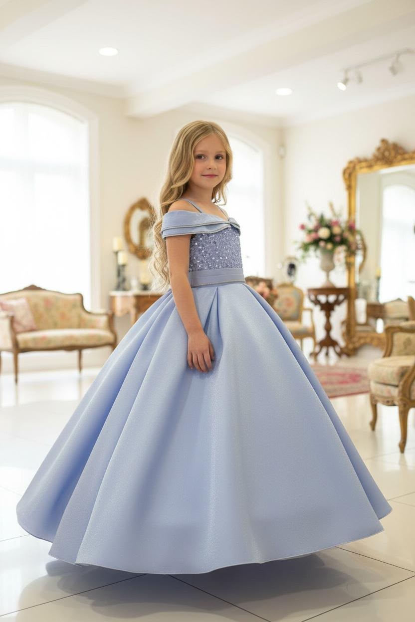 Sky Blue Tulle Cape Ball Gown 878 Blue