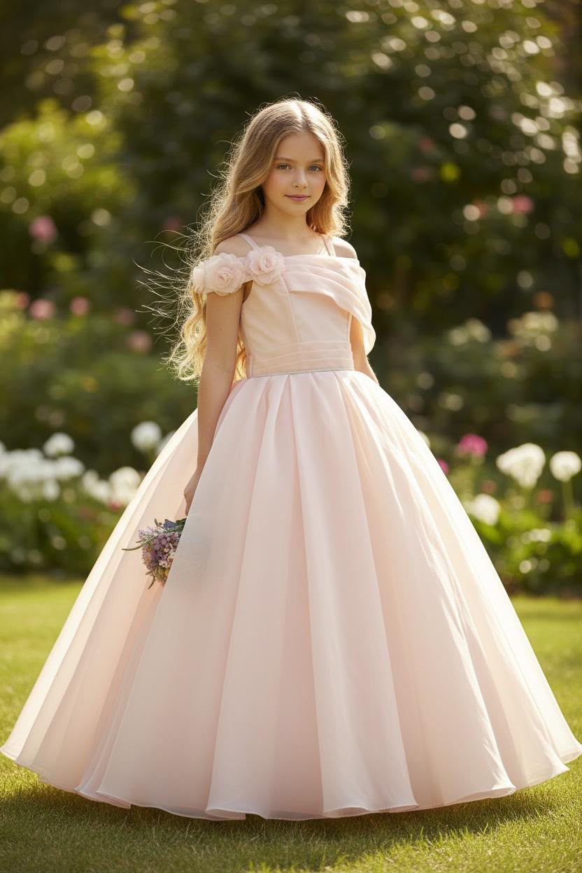 Blush Pink Floral-Shoulder Ball Gown 881 Pink