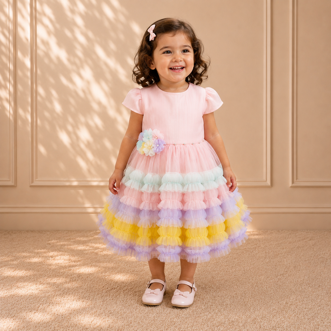 Pastel Rainbow Ruffle-Tier Tulle Dress 9125 - front
