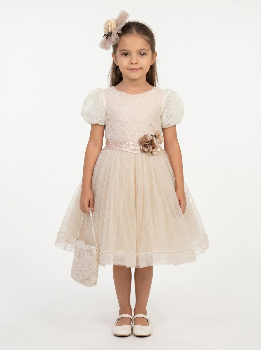 Ivory Lace Sequin-Belt Tulle Dress 9148 - front