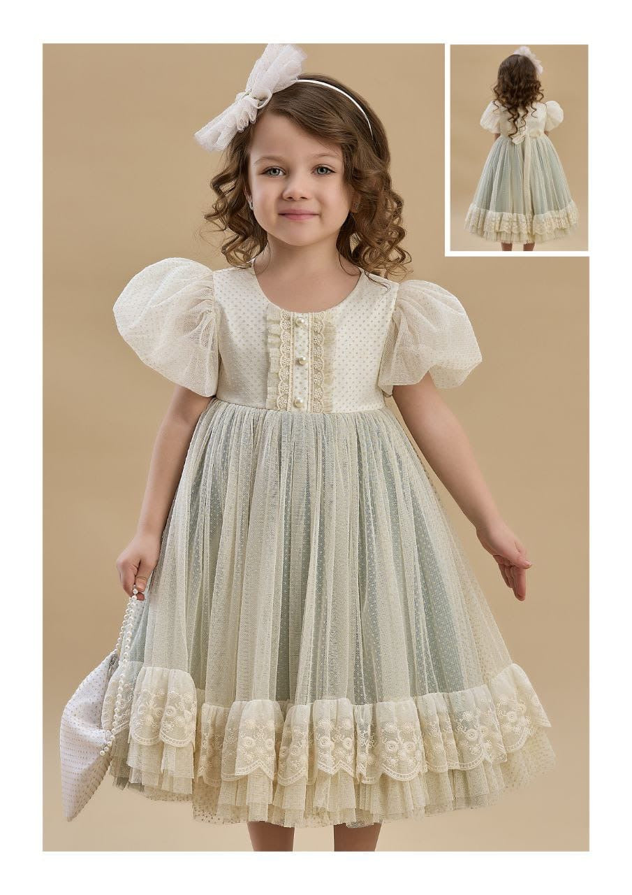 Sage Green Lace-Trim Puff-Sleeve Dress 9171 - front