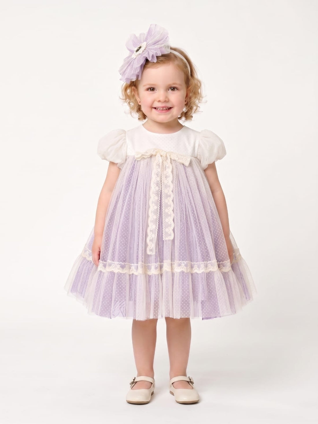 Ivory & Lilac Lace-Ribbon Tulle Dress 9173 - front