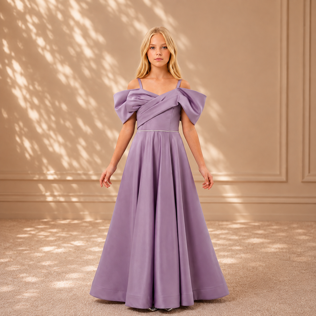 Lilac Wrap Puff-Sleeve Satin Gown 9247 - front