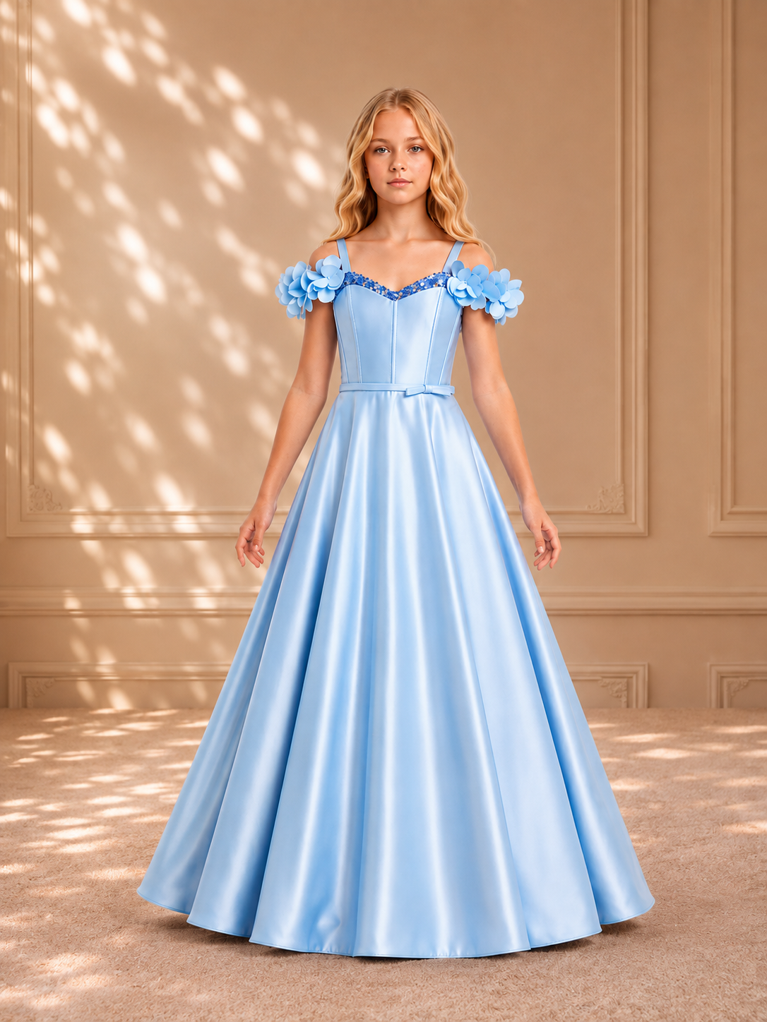 Sky Blue Off-Shoulder Floral Satin Gown 9266 - front