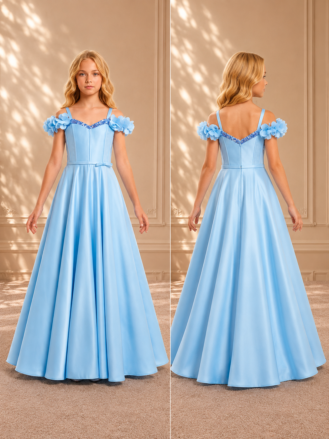 Sky Blue Off-Shoulder Floral Satin Gown 9266 - back