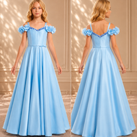 Sky Blue Off-Shoulder Floral Satin Gown 9266 - back