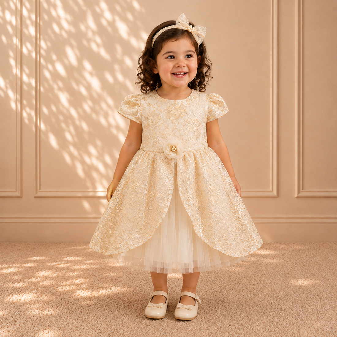 Gold Lace Tulip-Overlay Tulle Dress 3232 - front